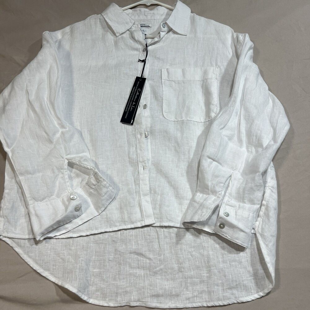 Nicole Miller White Linen Button-Up Blouse